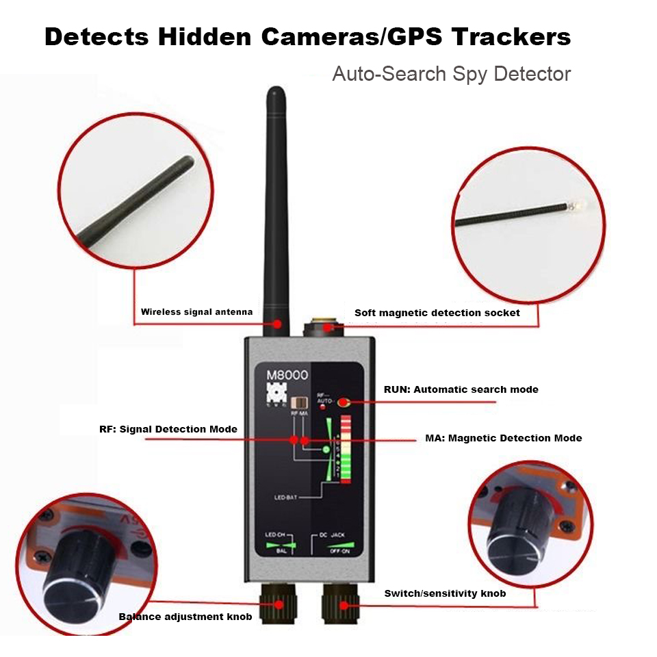 Auto-Search Spy Detector 1MHz-12GHz Bug/GPS Trackers/Cameras Finder Magnetic Sensor 10-Level LED Sound Light Alarm for Car/Room