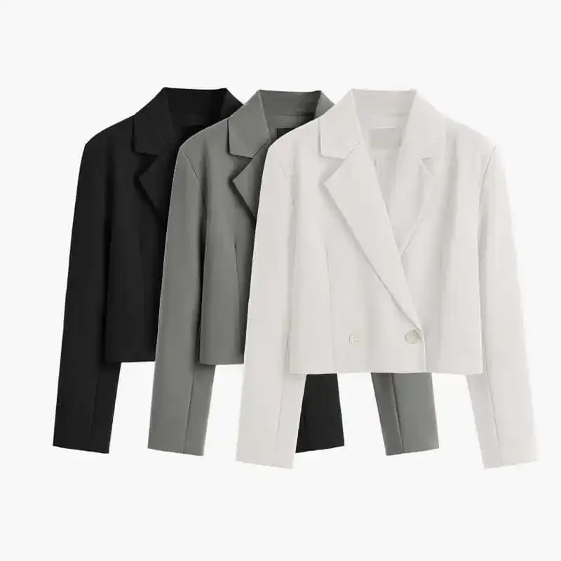 2022 Fashion Women Elegant Short Blazer Casual Office Work Vintage Solid Color Long Sleeve Notched Collar Double Breasted Jacket