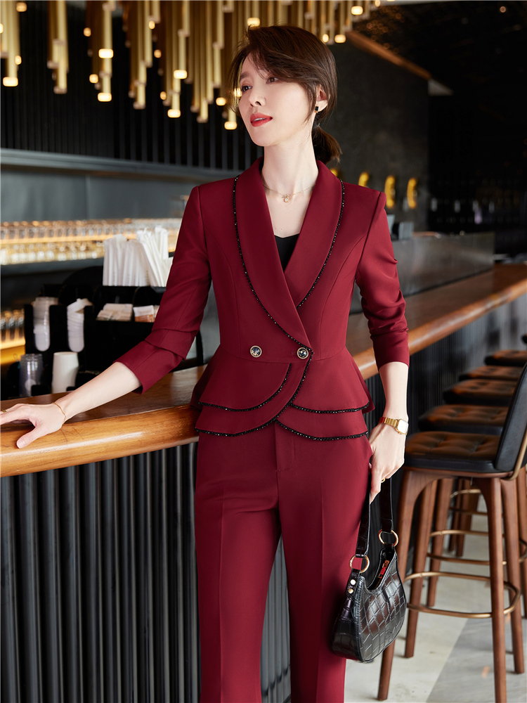 Women&#039;s pants suit Spring Autumn Office Ladies Elegant Blazer Trousers 2 Pieces of Sets Female Wine Red  Trouser Suits