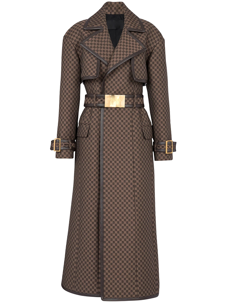 HIGH STREET New 2024 Fall Winter Designer Coat Elegant Women&#039;s Belted Monogram Jacquard Trench Fashion Extended Version Overcoat