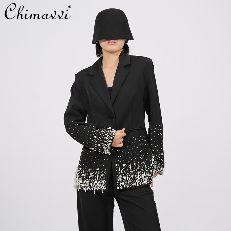 French Elegant temperament Office Lady Suits Beaded Rhinestone Single-Breasted Slim Versatile Black Blazers Women Autumn 2025