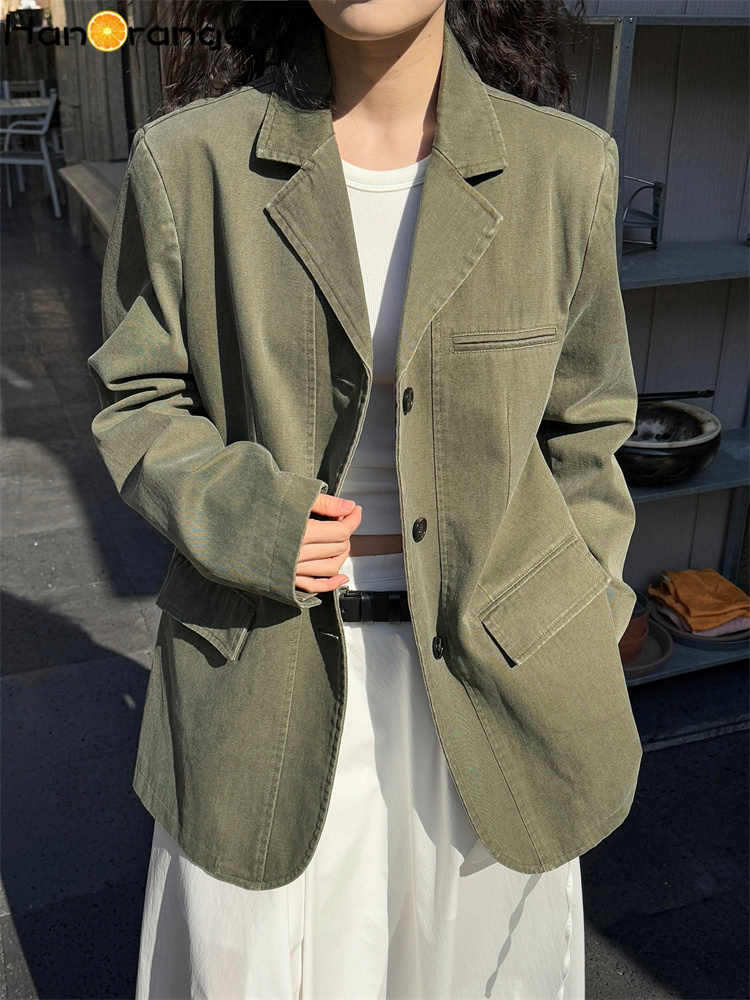 HanOrange 2025 Spring Street Washed Outdated Wide Shoulder Shaped Suit Jacket Stylish Casual Blazer Army Green