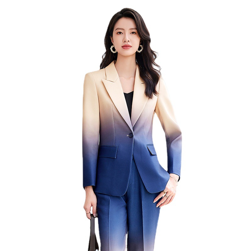 HIGH STREET Newest Fashion 2024 Designer Suit Set Women&#039;s Gradient Color Printed Single Button Blazer Flare Pants Suit