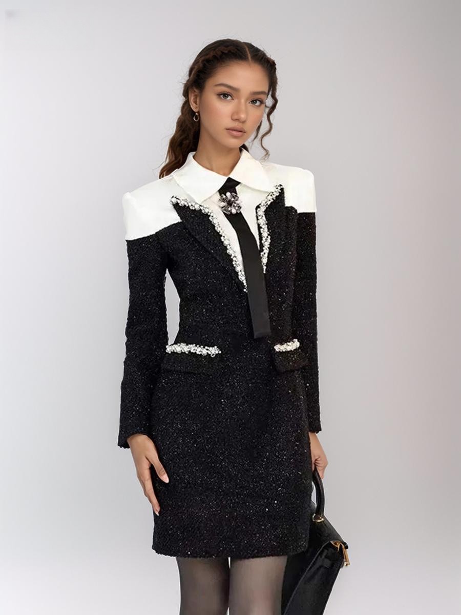 Elegant Spliced Sequins Short Dress for Women Lapel LongSleeve High Waist Hit Color Slimming Mini Dresses Style New blazer mujer