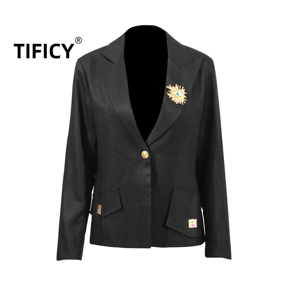 Temperament Commuting Style Blazers Women&#039;s New V-neck One Button Design Metal Decoration Long Sleeved Suit Jacket