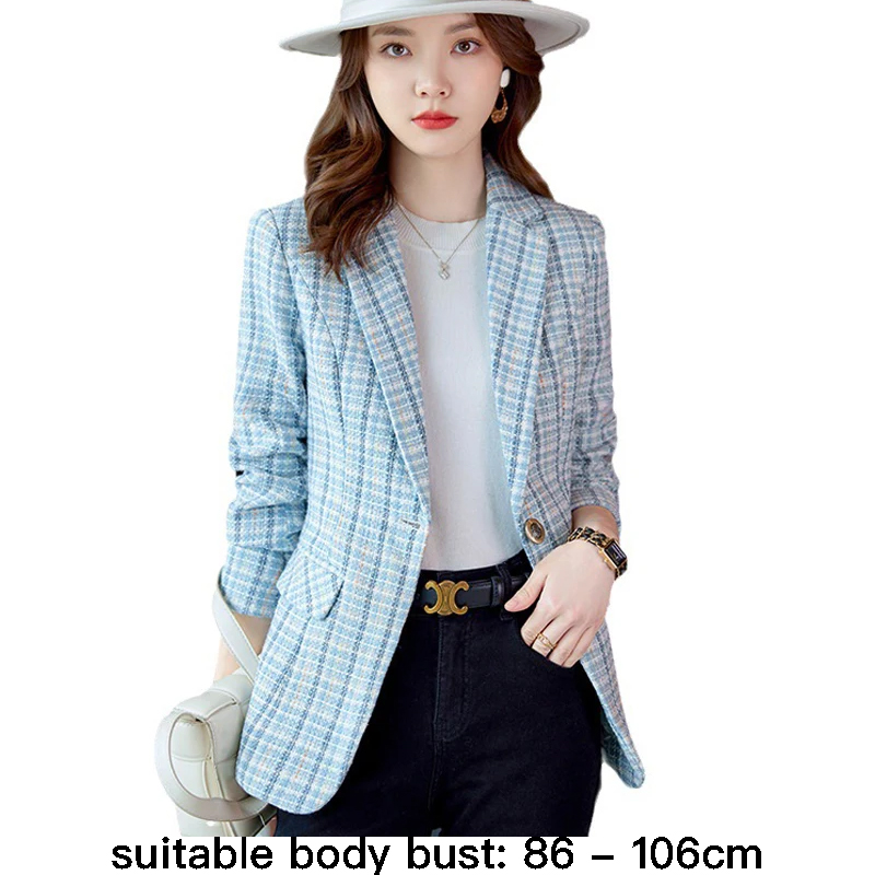High quality wool blend blazer for women plaid  jacket single breasted autumn 2025 elegant fashion clothes - blue khaki