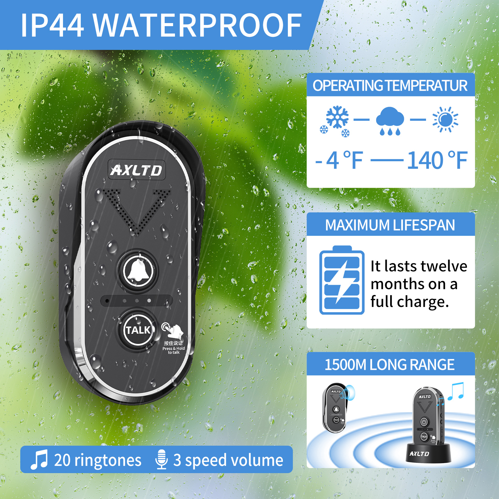 Wireless Doorbell Intercom System with 1500m Range Waterproof Rechargeable Battery 3 Volume Levels 20 Ringtones for Home Use