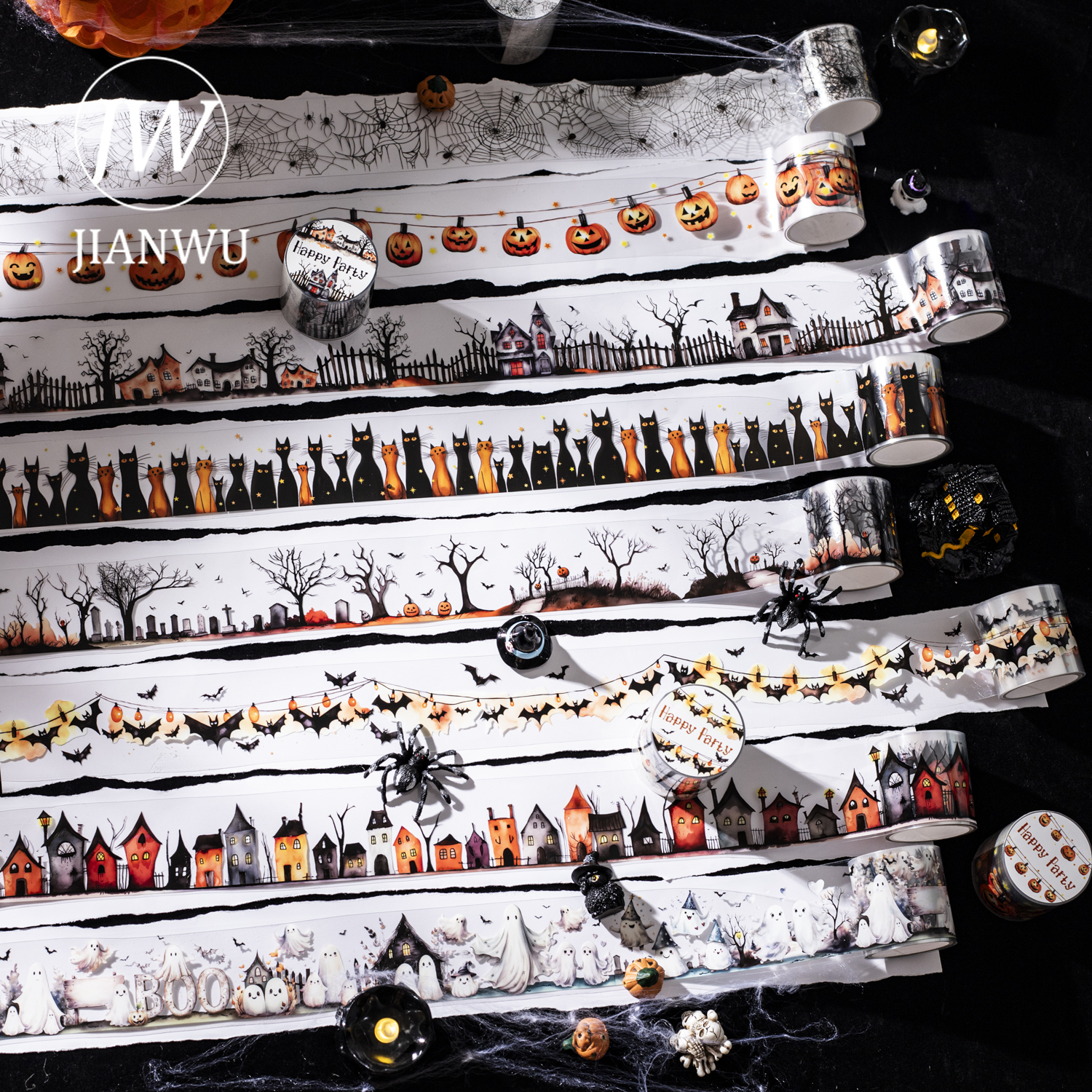 JIANWU 40mm*200cm Happy Party Series Vintage Gothic Halloween Landscape Material Collage PET Tape Creative Journal Stationery