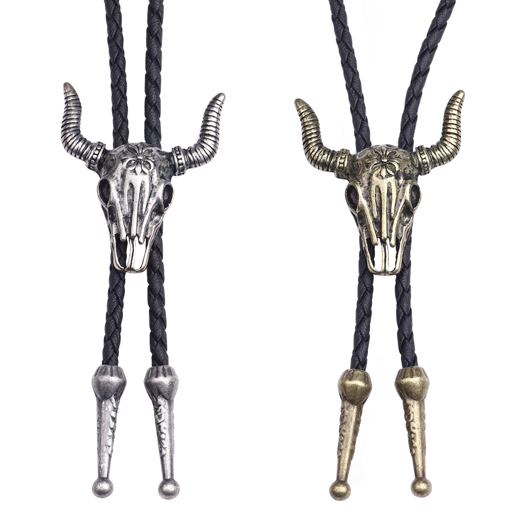Retro New Cow Animal Zodiac Bolo Bow Tie for Men Necklace Antique Metal Neckties Leather Rope Shirt Collar Bowtie Cowboy Jewelry