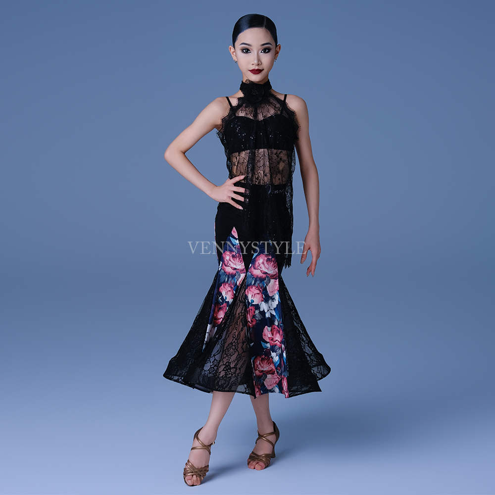 Vennystyle Latin dance dress lace top printed skirt Adult Latin dance training professional modern performance dress