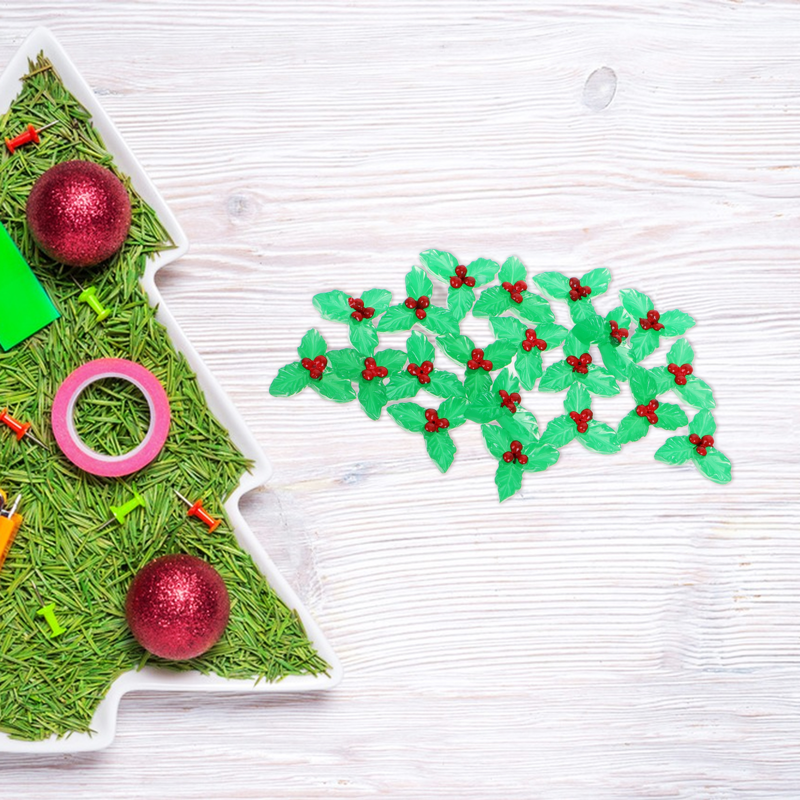 20pcs Christmas Embellishments Artificial Holly Berry Ornaments Miniature Leaves Holiday Decorations Seasonal Accents Home