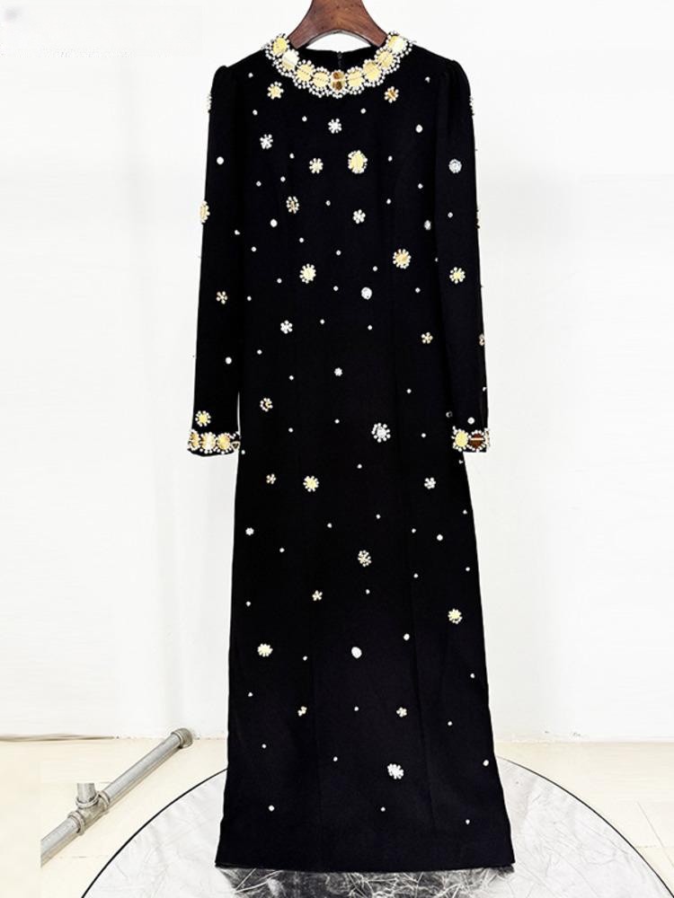 New Elegant Black Long-Sleeve Maxi Dress With Floral Beaded Embellishments For Womens Evening Gown For Luxurious Fabric vestidos
