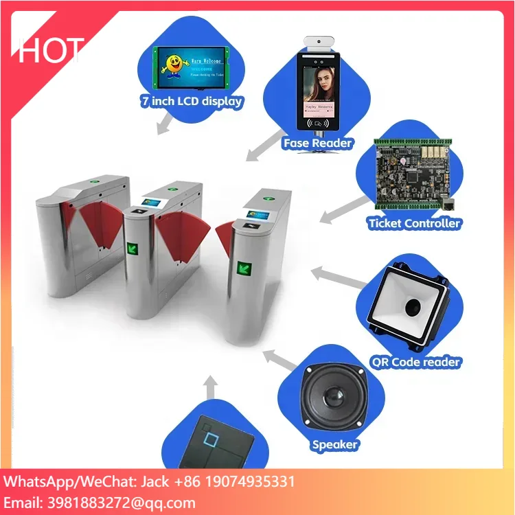Ticketing entrance and exit access by RFID 1D/2D tickets LCD display qr code flap barrier for attractions industry