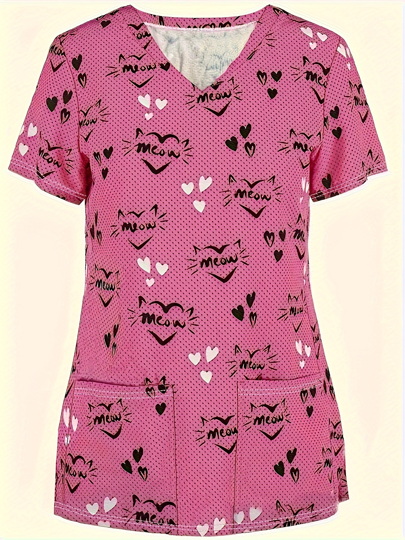 Medical Uniform for Women Fashions Heart and Letter Print Short Sleeve Stretch V-Neck Double Pocket Top Surgical Uniform Woman