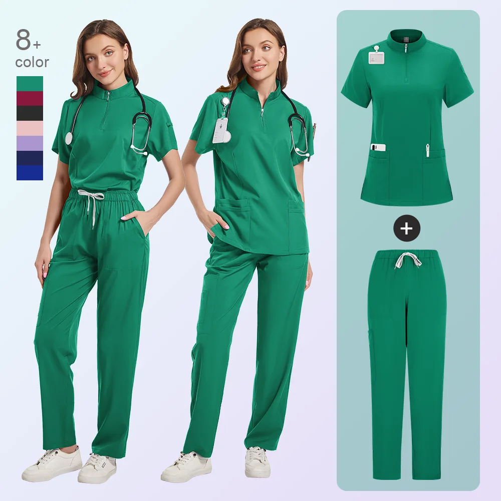 Women&#039;s Nurse Uniform Set Clinical Uniforms Medical Clothes Scrubs Sutis Surgical Blouse Zipper Top Pants Suit for Woman Man XXL