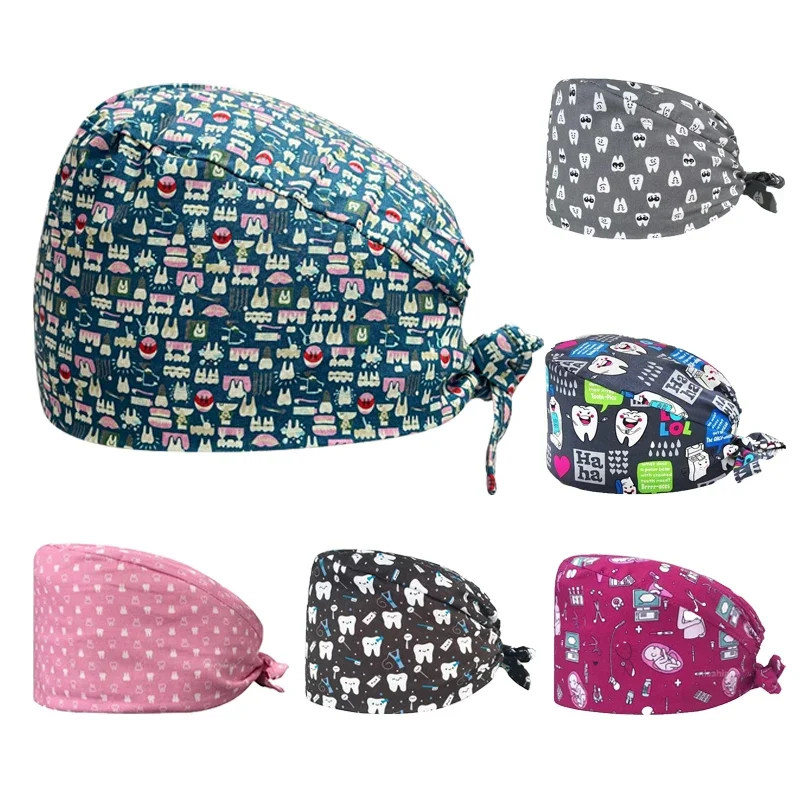 Female Nursing Cap Women Nurse Accessories with Buttons Medical Scrub Hat Surgery Cap Animal Printed Dentist Scrub Cap Long Hair