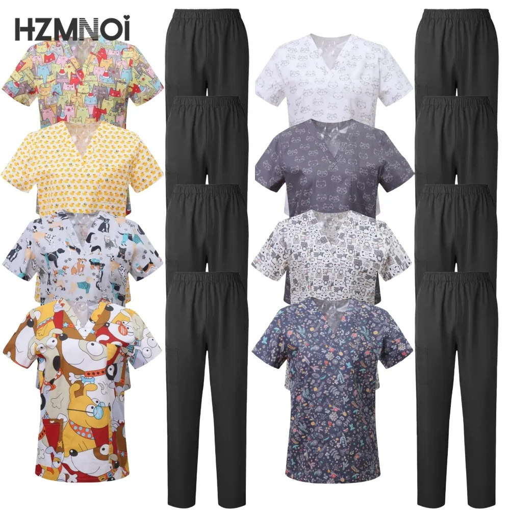 Doctor Surgical Uniform Short Sleeve Set Cartoon Print V-neck Pocket Dental Nurse Scrub Suit Beauty Treatment Medical Uniform