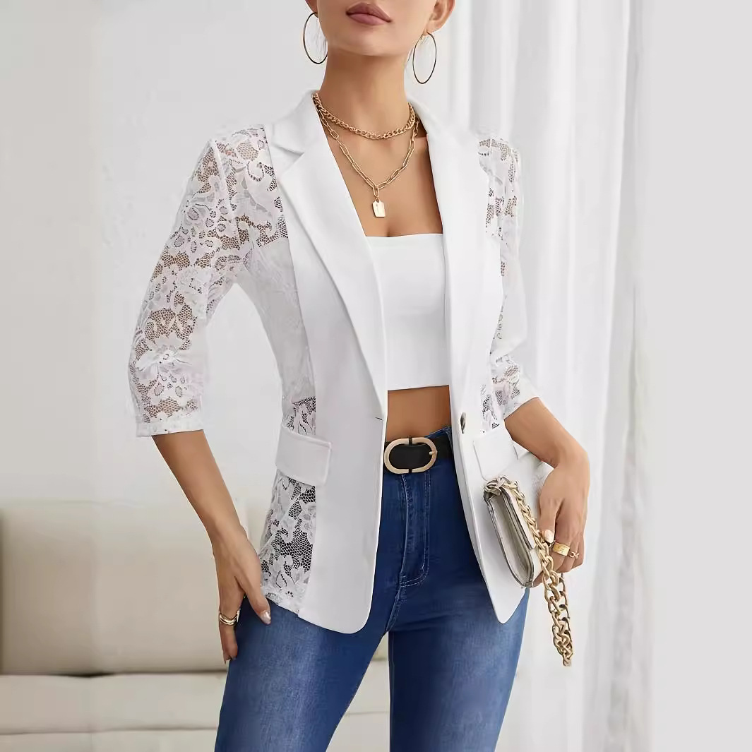 2025 Spring New Elegant Solid Color Fashion Lace Splicing Small Blazer Women&#039;s Tops Жакет Женский
