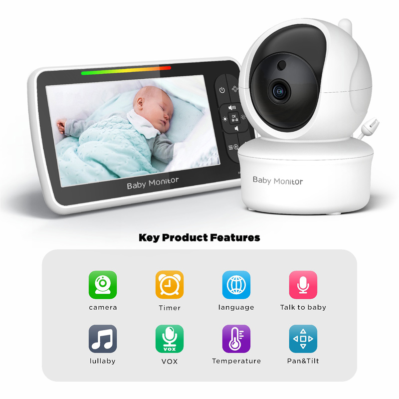 5-Inch Baby Monitor Two-way Voice Intercom Auto Infrared Night Vision Feeding Timer Remote Pan&amp;Tilt Zoom In/Out Plug and Play