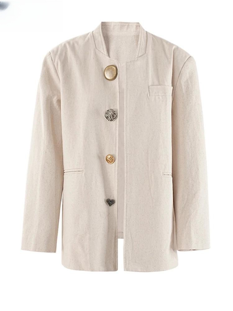 Women Beige Design Buttons Big Size Elegant Blazer Newest Stand Collar Long Sleeve Jacket Fashion Spring Autumn2025 blazer mujer