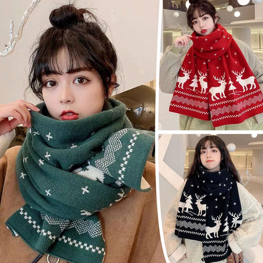 Winter Warm Scarf for Women Men Deer Elk Double-Sided Knitted Scarves Fashion Versatile Woolen Shawl Couple Christmas Present