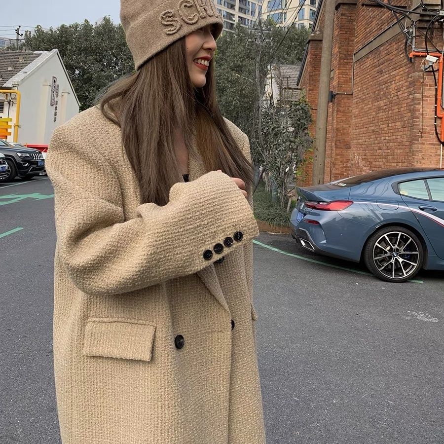 Luxury Spring Autumn Vintage Lapel Wool Blazer Tweed Jacket Women Loose Straight Suit Design Coat Office Lady Blazer Mujer Chic