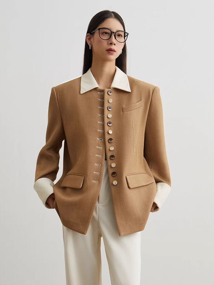 Loose Casual Blazer for Women, LongSleeve Button Suit Jacket with Contrast Lapel, Elegant Business Outerwear Coat костюм женский