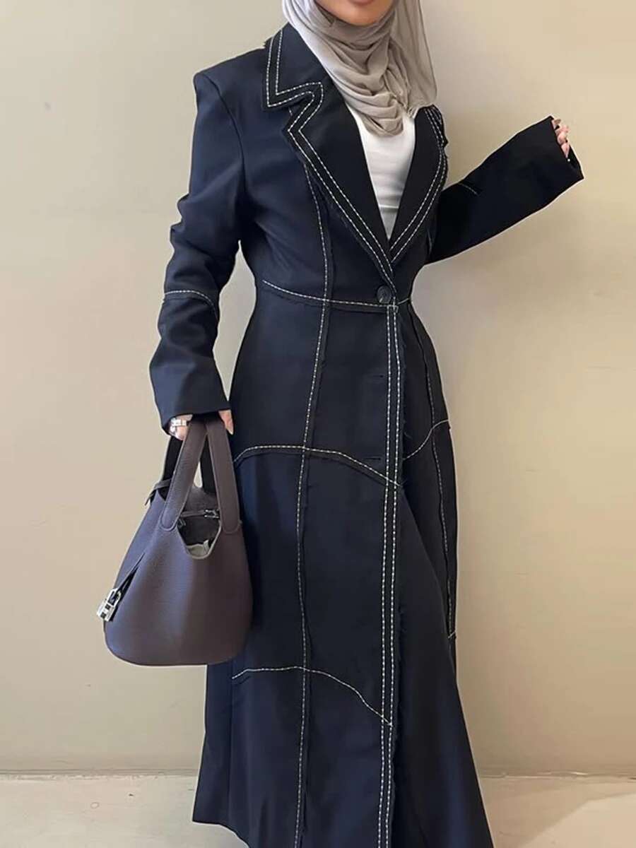 Hit Color Slimming Long Coats For Women Lapel LongSleeve High Waist Temperament Spliced Pocket Jackets Femaleпальто жен