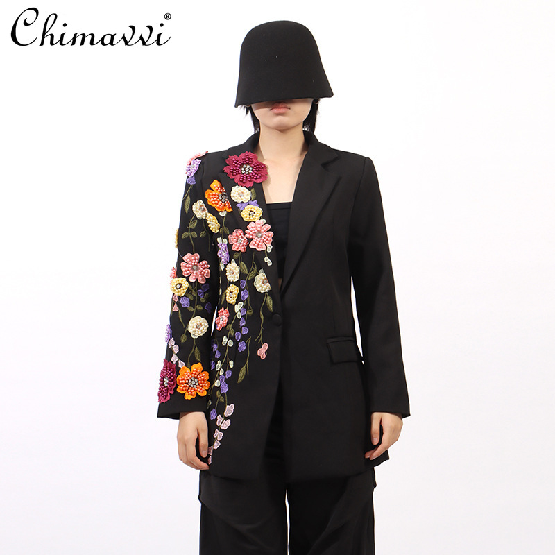 French Temperament Commuter Jackets Coat Embroidered Beads 3D Flower Long Sleeve Single Button Slim Black Blazers Women Autumn
