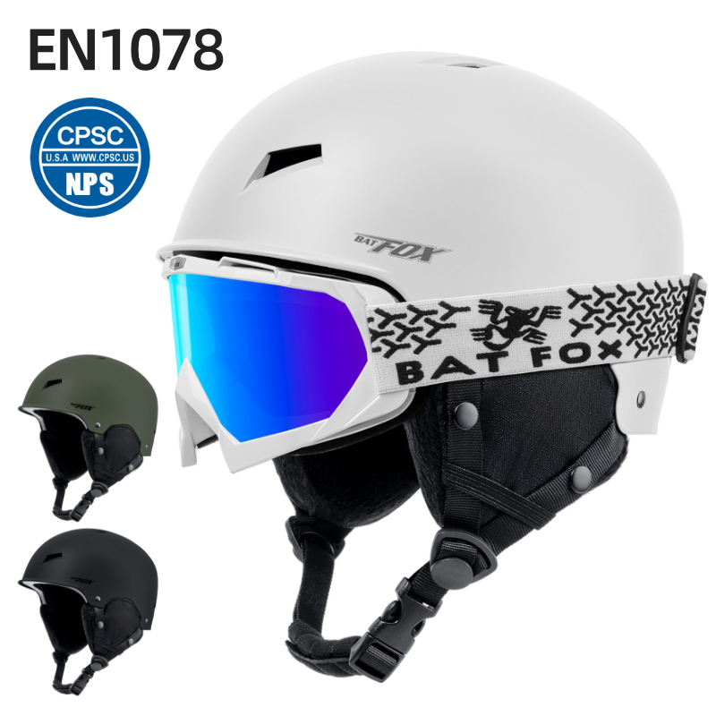 BATFOX Ski Helmet with Goggles Thermal Outdoor Sports Snowboard Skating Equipment Child Warm Cap Kids Safety Adult Skiing Helmet