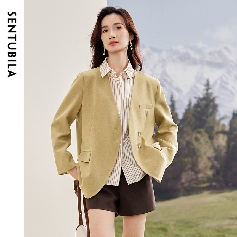 SENTUBILA Women V Neck Blazer Jacket 2025 Autumn Single Breasted Long Sleeve Casual Business Elegant Women&#039;s Coats 133X51802
