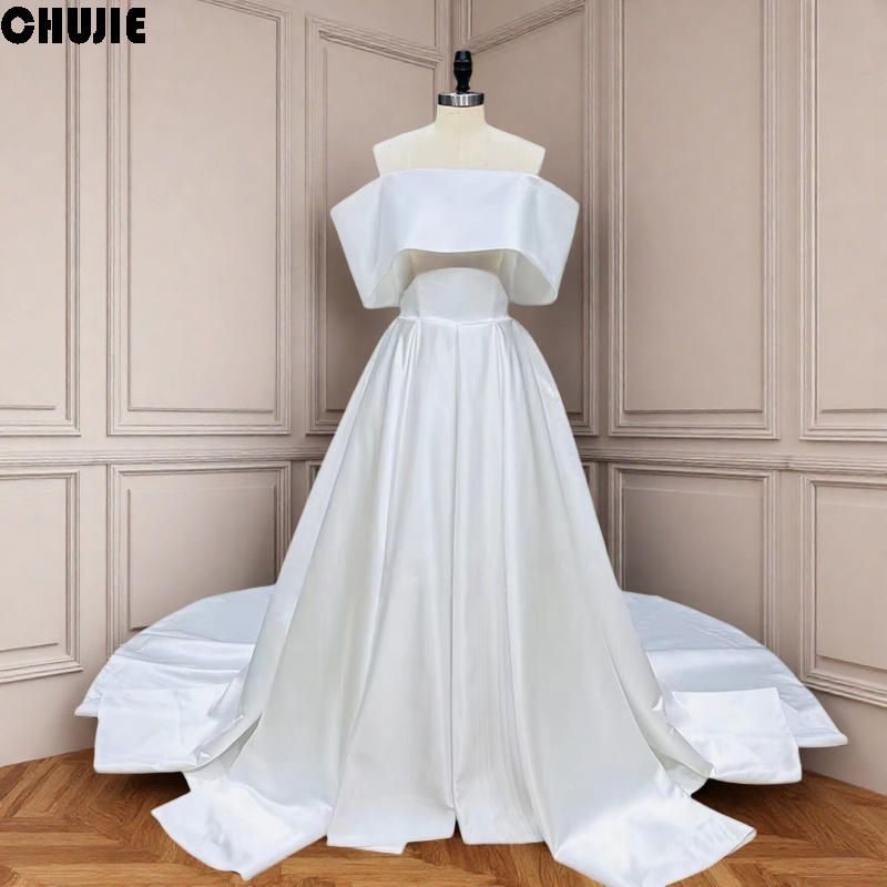 Off Shoulder High Quality Satin Wedding Dresses 2025 A Line Pleated Zipper Back Vestidos De Novia Wedding Party Gown With Train
