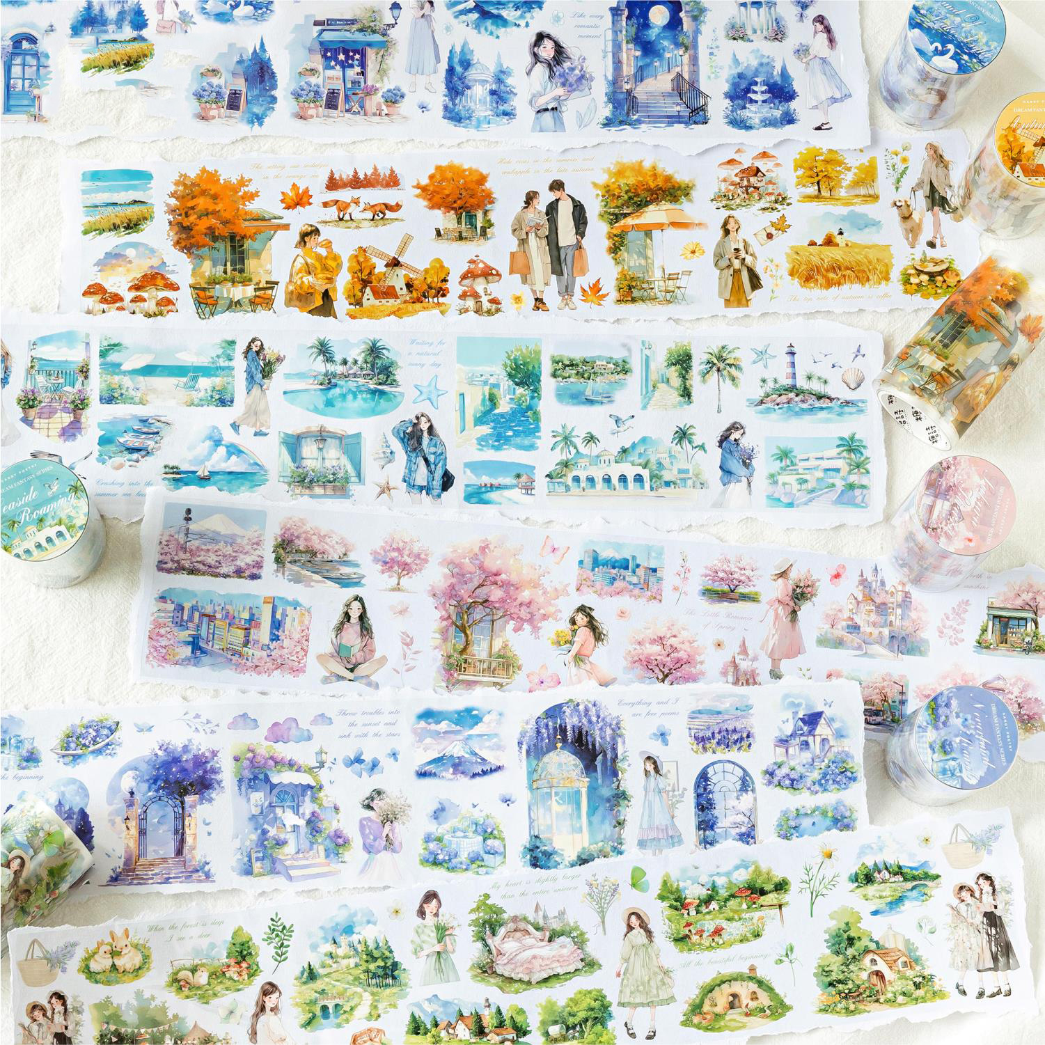 70mm*200cm Dream Reverie Series Kawaii Character Flower Landscaping PET Tape Creative DIY Journal Material Collage Stationery