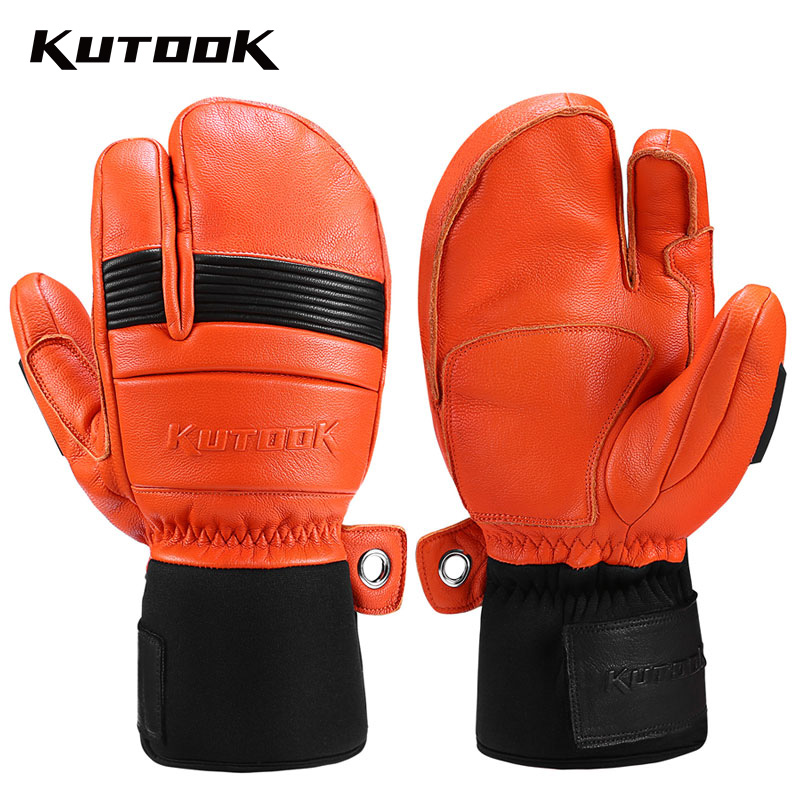 KUTOOK Goat Skin Winter Ski Gloves Mittens Thermal Skiing Snowboard Gloves for Men Leather Mountaineering Protection Accessories