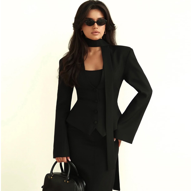 European and American Women's Clothing 2025 New Fashion Solid Color V-neck Scarf Long-sleeved Casual Small Suit Jacket Top