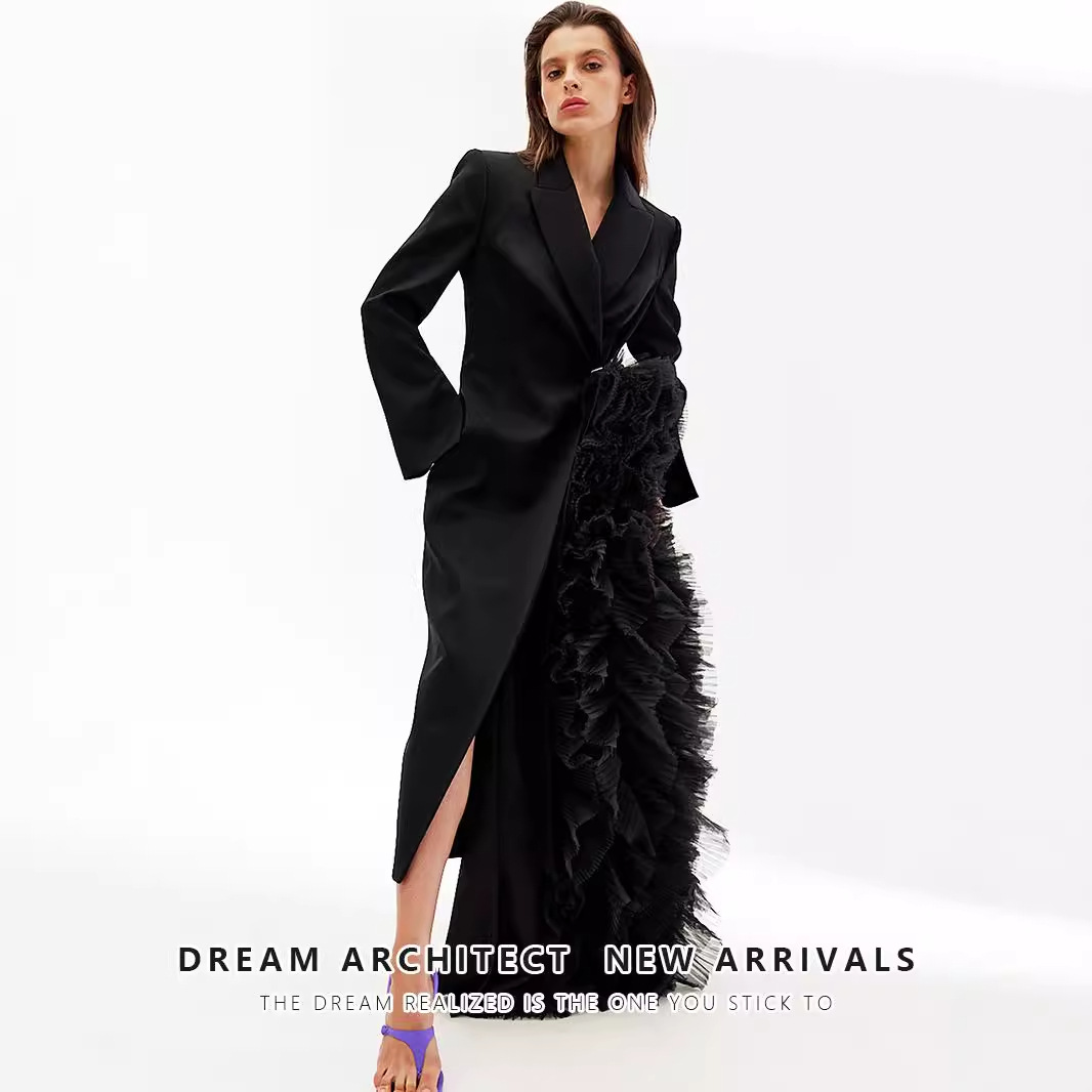 2025 Autumn Asymmetrical Blazer Dress With Mesh Patching Ruffled Long Jacket For Special Party Sexy Office Dress Suitns White
