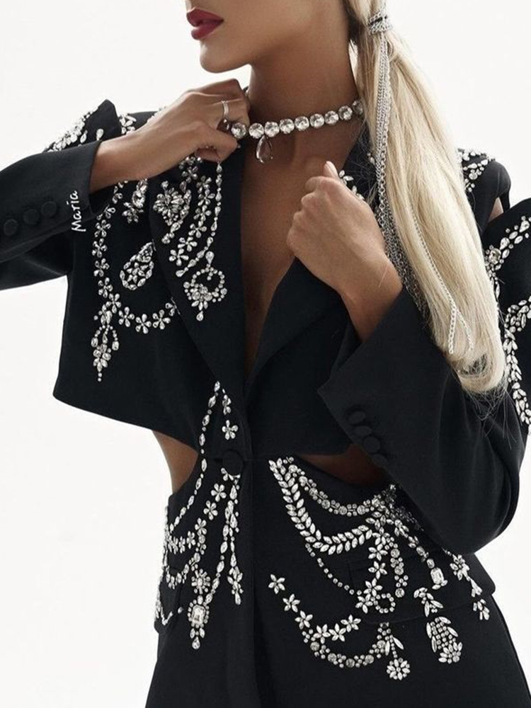 Fashion Hollow Out Patchwork Diamonds Blazers Elegant Women Notched Collar Long Sleeves Spliced Button Temperament Blazer Female