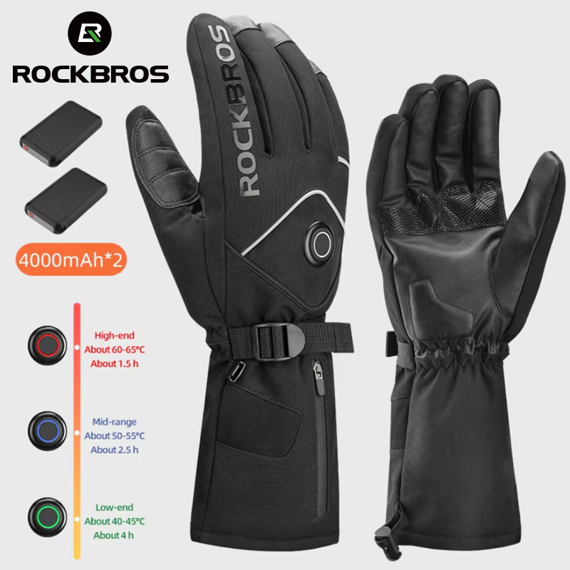 ROCKBROS Heated Skiing Gloves Winter Heated Gloves Motocycle Screen Touch Waterproof Rechargeable 4000mAh Battery Heated Gloves