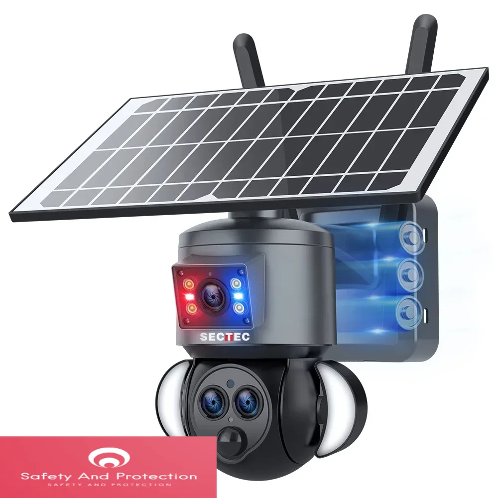 SECTEC Three Lens Dual View PTZ Outdoor Night Vision 4G Solar Power Security IP Camera 6MP 15X Zoom Solar Battery CCTV Camera