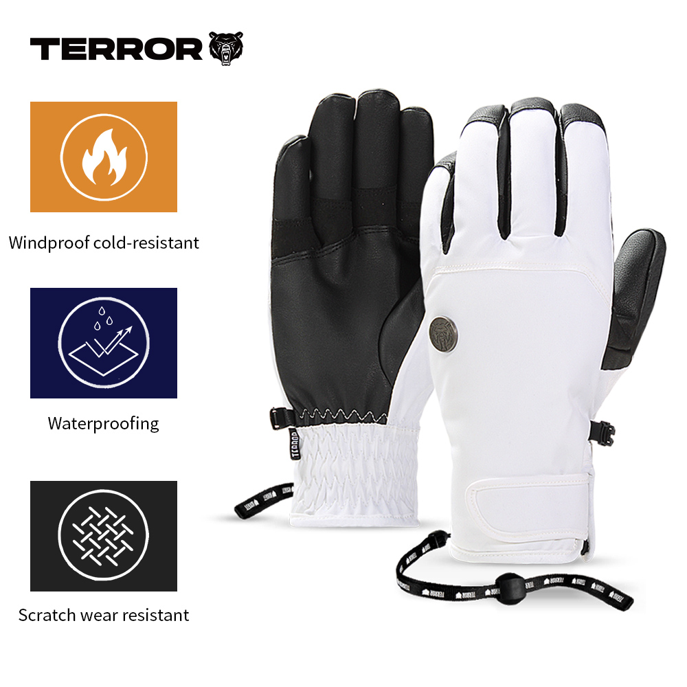 TERROR CREW Ski Gloves Waterproof Warm Five Finger Goat Leather Palm Non-slip THINSULATE Insulated Adjustable Wrist