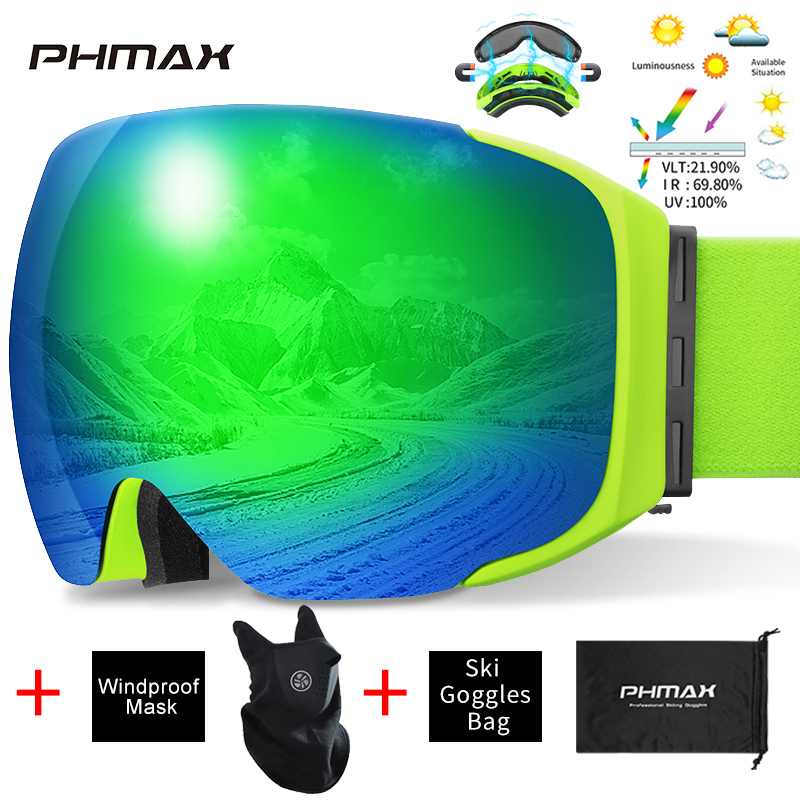 PHMAX Magnetic Ski Goggles UV400 Skiing Eyewear Anti-fog Lens Women Men Winter Outdoor Sports Mountain Snowboard Big Snow Goggle