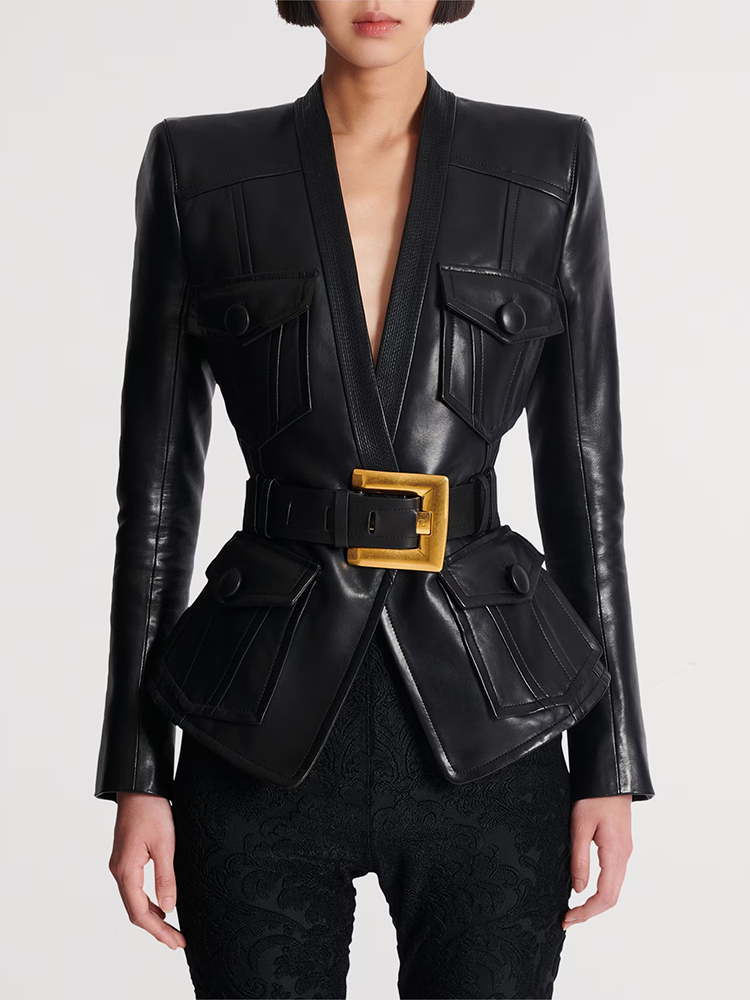 Newest  2025 Designer Jacket Women's Belt Slim Fitting Leather Button Pocket Decoration Artificial Leather Blazer пиджак