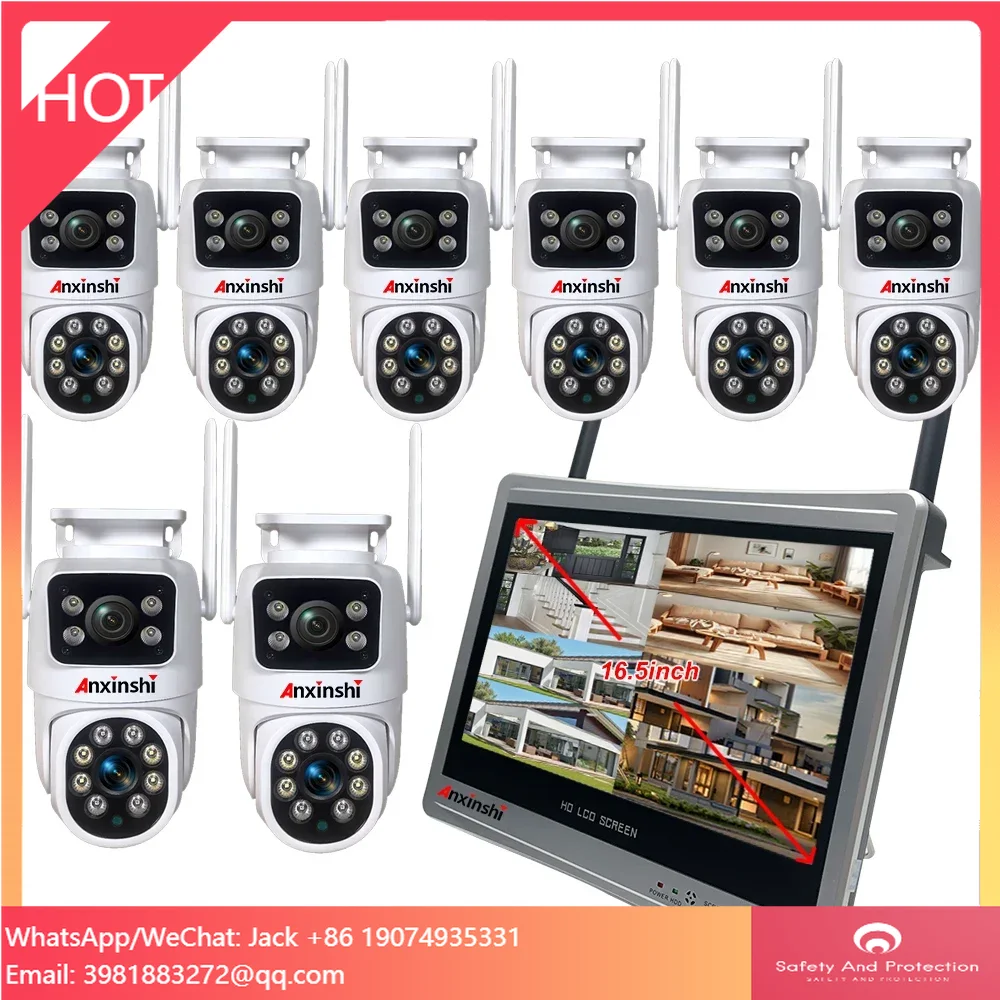 Wireless Security Camera System With 16.5 Inch Large Screen 8CH 8MP Dual Lens PTZ Camera Kit Support P2P EseeCloud