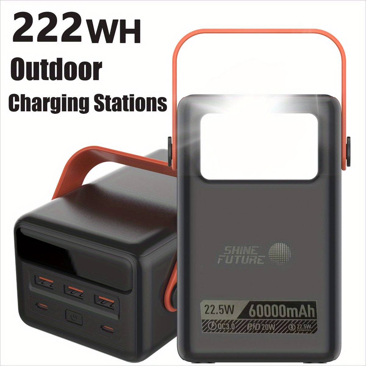 222Wh Portable Power Station PD20W Fast Charging Power Bank USB  12 LEDs Flashlight Battery Pack for Travel Outdoor Camping