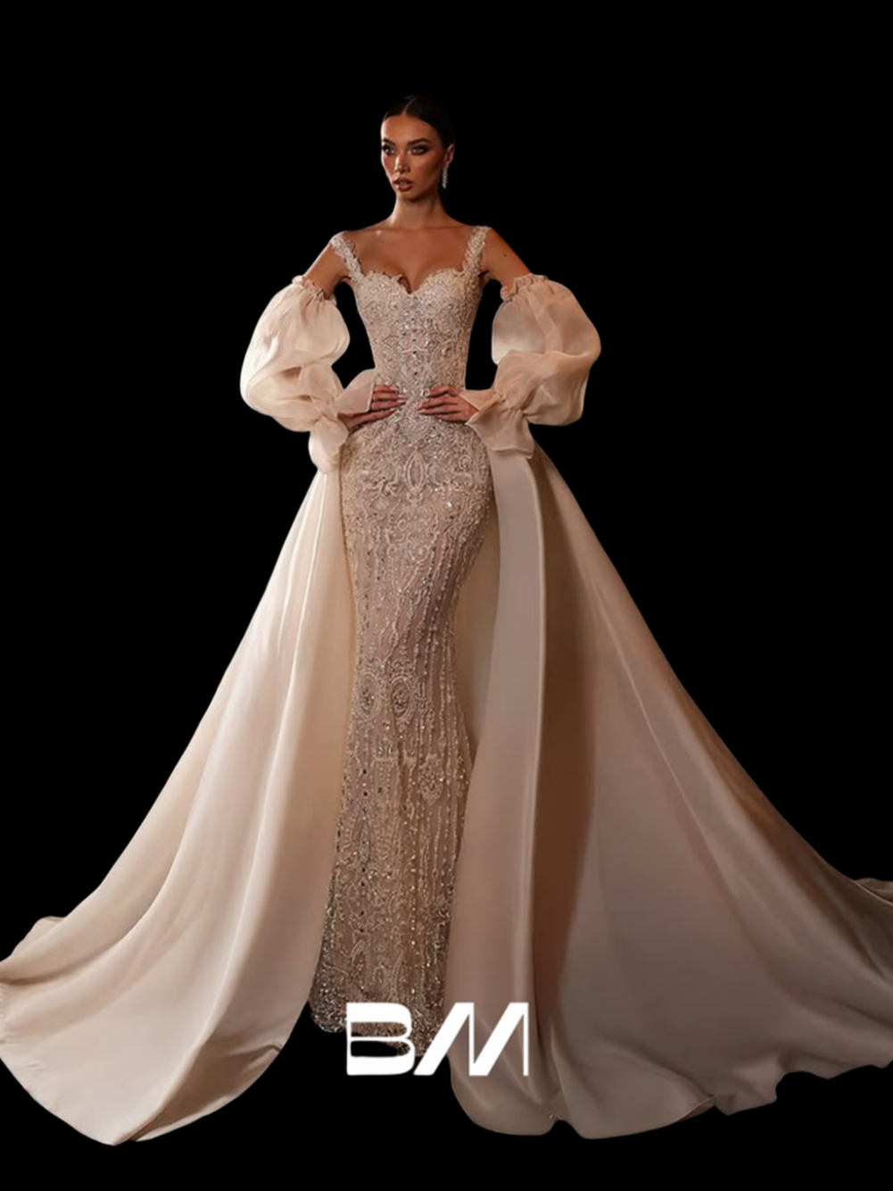 Exquisite Beaded Bride Dress with Detachable Train Rhinestones Beading Wedding Dresses for Women 2025 Puff Sleeves Bridal Gown