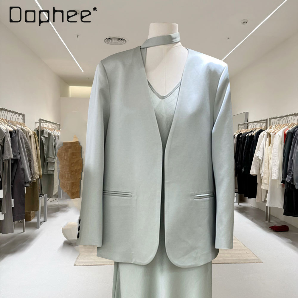 Spring New High-end Temperament Solid Color V-neck Streamer Blazer Women French Temperament Celebrity Loose Blazer Trendy Jacket
