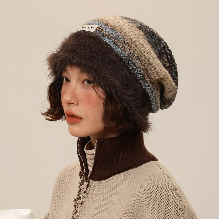 Autumn and Winter Hats Plush Baotou Knitted Stacking Hat for Children to Show off Small Face, Winter and Winter Warmth,