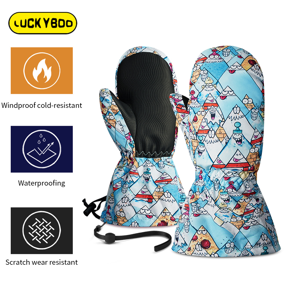 LUCKYBOO L2 Kids Winter Ski Gloves Waterproof Warm Snow Mittens PU Fleece Snowman Heart Cute Design