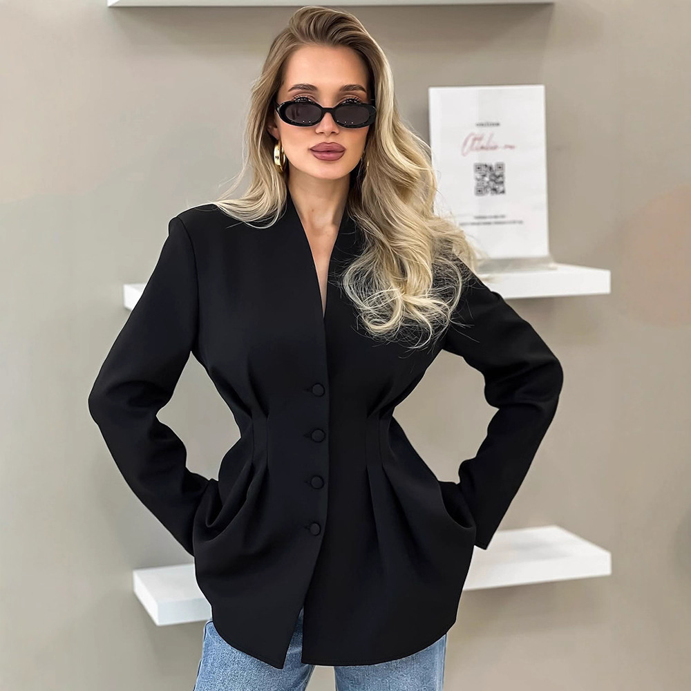 Elegant temperament slim fit waist cinched V-neck design top 2025 autumn new commuter suit jacket for women