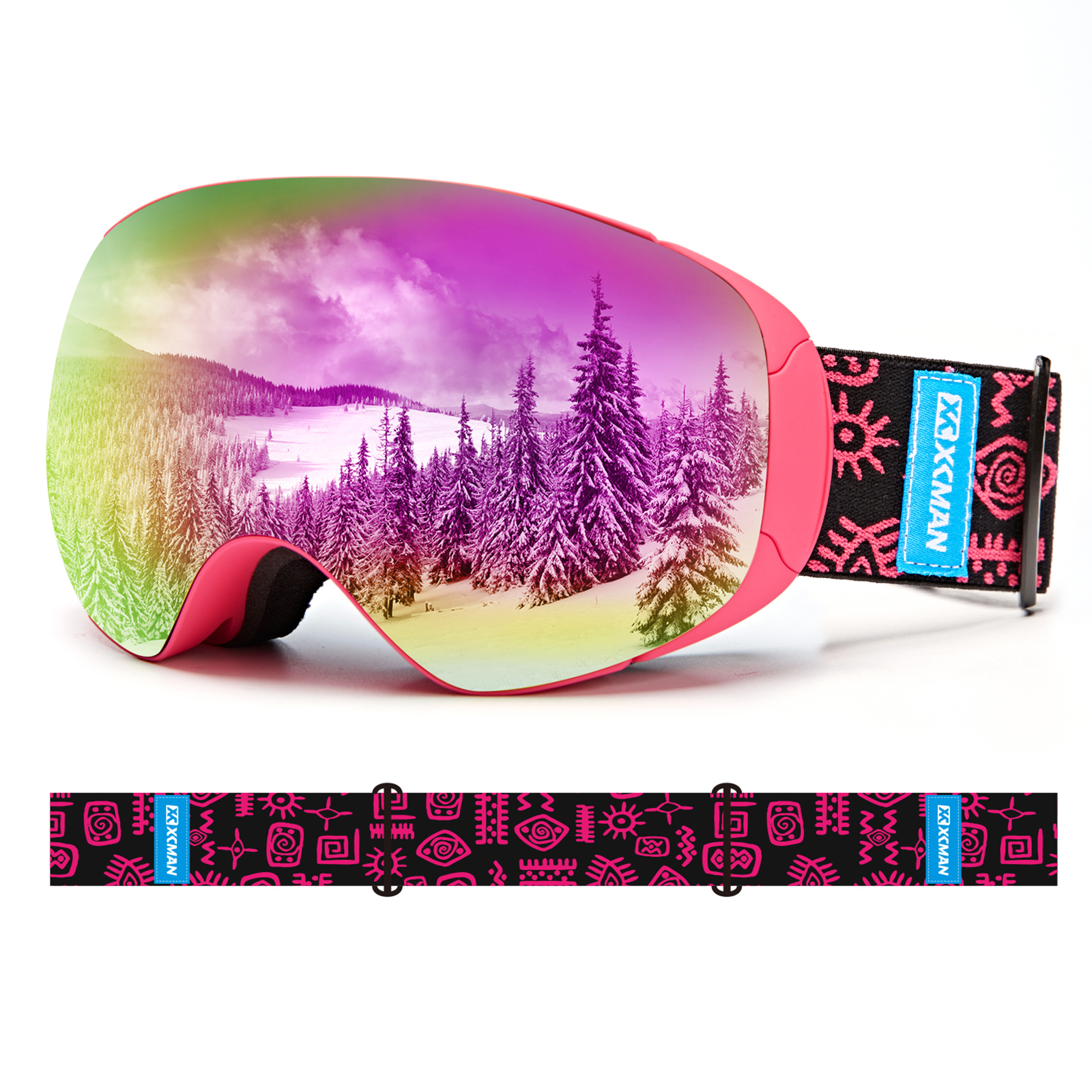 XCMAN OTG Ski Snowboard Snow Goggles Magnet Dual Layers Lens Anti-Fog UV 100% Protection Anti-Slip Strap for Men Women & Youth